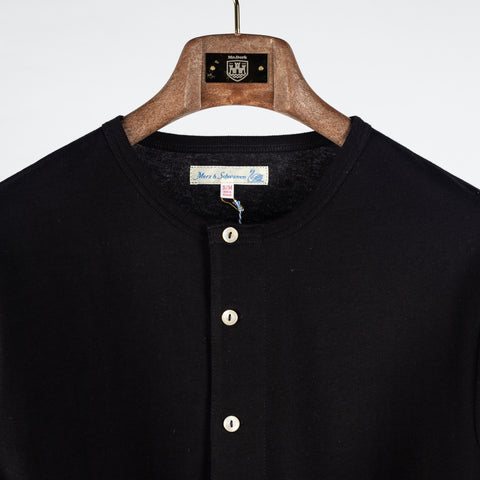 Merz b. Schwanen Deep Black 2M06 Mid-Century Long Sleeve Henley - Cotton, Denim, Jersey, Woven, Made In Germany - View 8