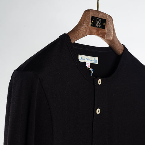 Merz b. Schwanen Deep Black 2M06 Mid-Century Long Sleeve Henley - Cotton, Denim, Jersey, Woven, Made In Germany - Back View