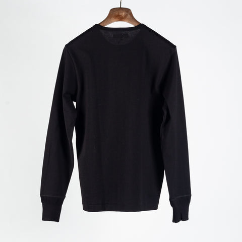 Merz b. Schwanen Deep Black 2M06 Mid-Century Long Sleeve Henley - Cotton, Denim, Jersey, Woven, Made In Germany - View 6