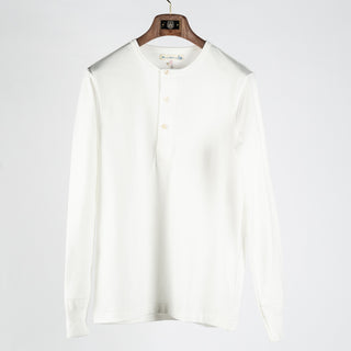 Merz b. Schwanen White 2M06 Mid-Century Long Sleeve Henley - Tan, Cotton, Jersey, Woven, Made In Germany