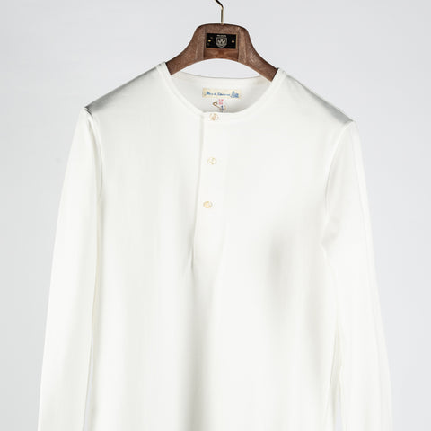 Merz b. Schwanen White 2M06 Mid-Century Long Sleeve Henley - Tan, Cotton, Jersey, Woven, Made In Germany - View 7
