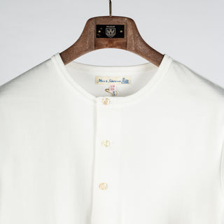 Merz b. Schwanen White 2M06 Mid-Century Long Sleeve Henley - Tan, Cotton, Jersey, Woven, Made In Germany - View 8