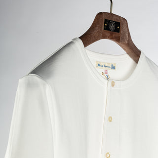 Merz b. Schwanen White 2M06 Mid-Century Long Sleeve Henley - Tan, Cotton, Jersey, Woven, Made In Germany - Back View