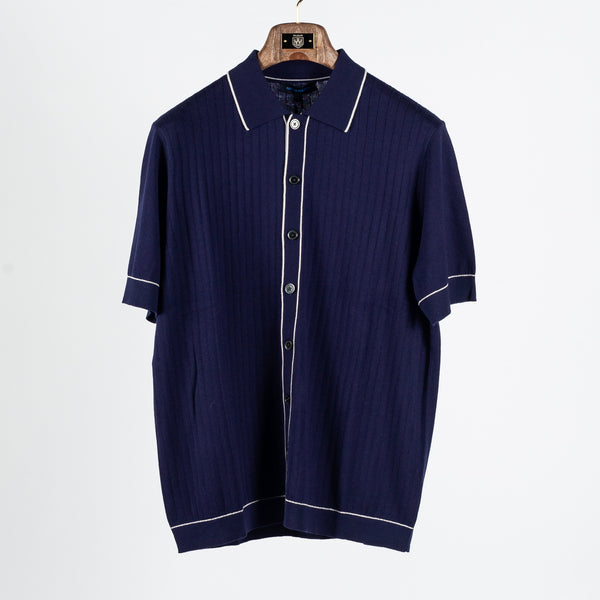 Navy Cotton Silk Tipped Short Sleeve Knit Shirt