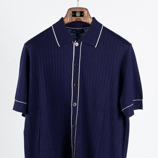 Navy Cotton Silk Tipped Short Sleeve Knit Shirt - Mr.Derk