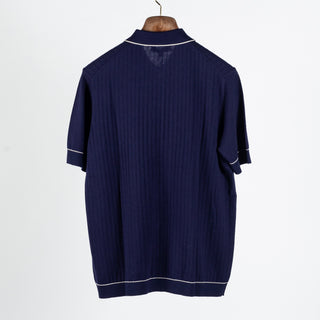 Navy Cotton Silk Tipped Short Sleeve Knit Shirt - Mr.Derk