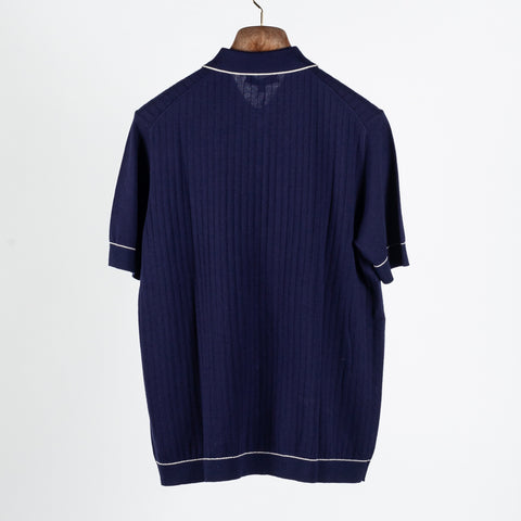 Navy Cotton Silk Tipped Short Sleeve Knit Shirt - Mr.Derk