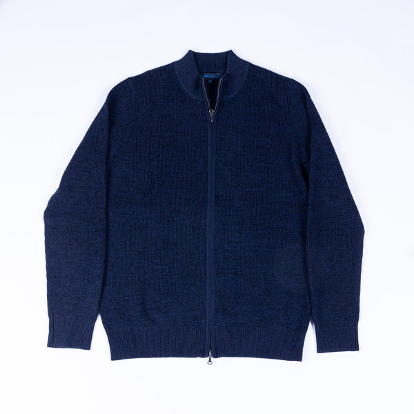 Navy Marino Wool Ribbed Full Zip Sweater