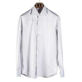A long-sleeve button-up dress shirt with a fine light blue and white checkered pattern, hanging on a wooden hanger against a light gray background.