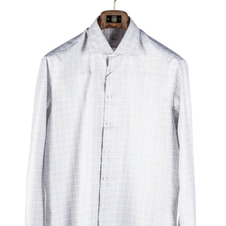 A long-sleeve button-up dress shirt with a fine light blue and white windowpane plaid pattern, hanging on a wooden hanger against a plain light gray background.