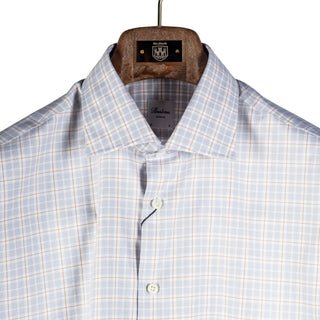 A close-up of a light gray and white windowpane plaid dress shirt with thin orange lines, hanging on a brown wooden hanger. The brand label on the collar reads 'Pierce & Co'.