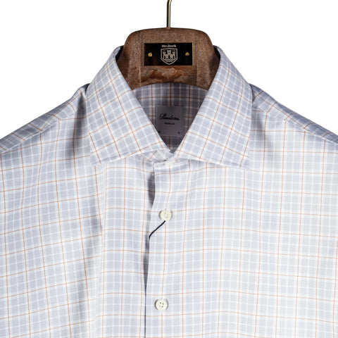 A close-up of a light gray and white windowpane plaid dress shirt with thin orange lines, hanging on a brown wooden hanger. The brand label on the collar reads 'Pierce & Co'.