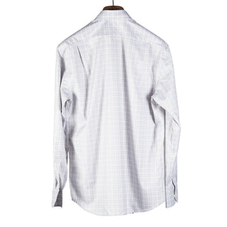A long-sleeve button-up shirt with a fine white and light blue checkered pattern, shown from the back on a hanger against a light gray background.