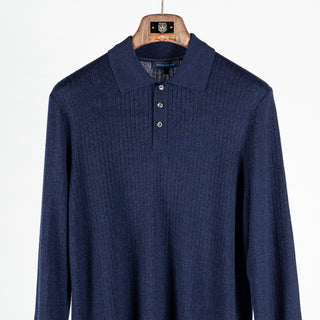 Patrick Assaraf Navy Mouline Drop Needle Merino Wool 3 Button Polo 6