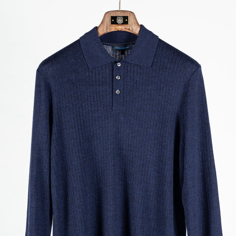Patrick Assaraf Navy Mouline Drop Needle Merino Wool 3 Button Polo 6
