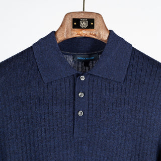 Patrick Assaraf Navy Mouline Drop Needle Merino Wool 3 Button Polo 7