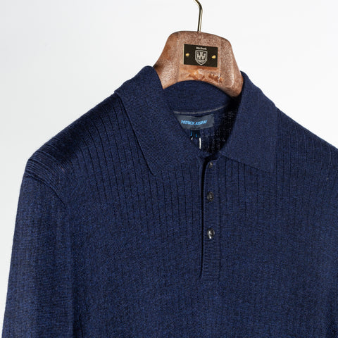 Patrick Assaraf Navy Mouline Drop Needle Merino Wool 3 Button Polo 3