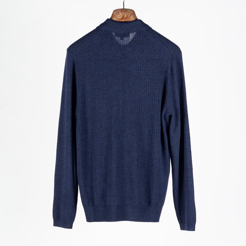 Patrick Assaraf Navy Mouline Drop Needle Merino Wool 3 Button Polo 5