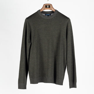 Patrick Assaraf Deep Olive Plaited Merino Wool Crewneck Sweater 1