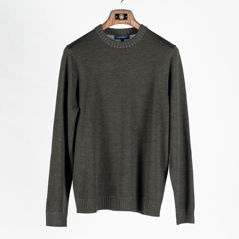 Patrick Assaraf Deep Olive Plaited Merino Wool Crewneck Sweater 1