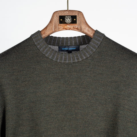 Patrick Assaraf Deep Olive Plaited Merino Wool Crewneck Sweater 7