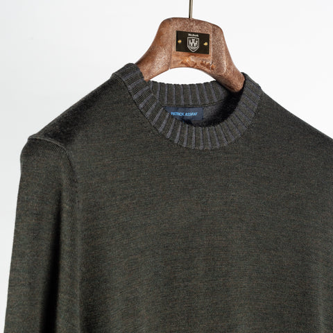 Patrick Assaraf Deep Olive Plaited Merino Wool Crewneck Sweater 3