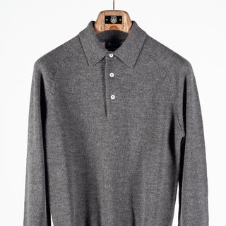Drake's grey long sleeve merino knit polo from the front, cropped to the placket and shoulders.
