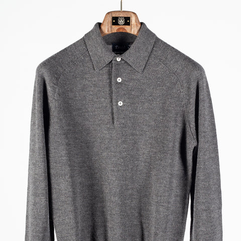 Drake's grey long sleeve merino knit polo from the front, cropped to the placket and shoulders.