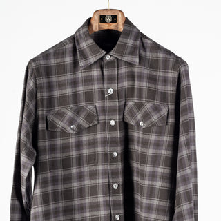 Drake's Grey Long Point Two Pocket Check Shirt, twin flapped chest pockets and front placket.