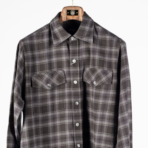 Drake's Grey Long Point Two Pocket Check Shirt, twin flapped chest pockets and front placket.