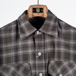 Drake's Grey Long Point Two Pocket Check Shirt, collar and mother of pearl buttons up close.
