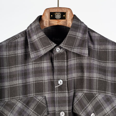 Drake's Grey Long Point Two Pocket Check Shirt, collar and mother of pearl buttons up close.