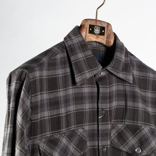 Drake's Grey Long Point Two Pocket Check Shirt, long point collar and shoulder in close view.