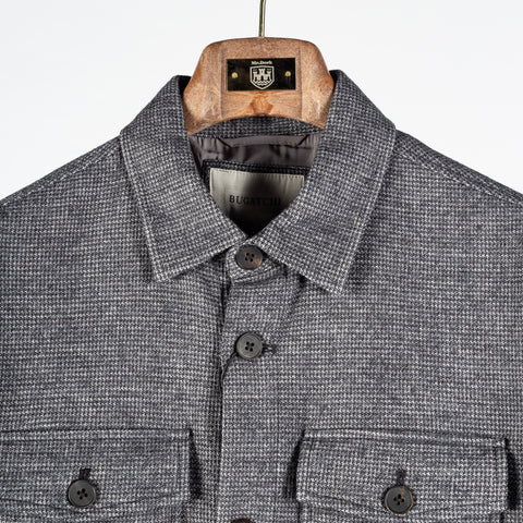 Bugatchi Charcoal Houndstooth Shacket, styled detail