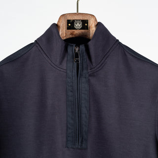 Bugatchi Navy Soft Touch Quarter Zip, styled detail