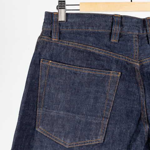 Drake's Indigo Rinse Selvedge Jeans, back patch pocket and belt loops in close view.