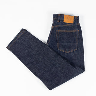 Drake's Indigo Rinse Selvedge Jeans laid folded, showing the straight tapered leg.