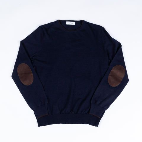 Gran Sasso Navy Wool Sweater w/ Alcantara Patches & Accent Collar 1