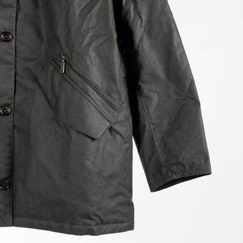 Barbour Sage Modern Powell waxed jacket, zip and button placket detail