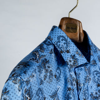 Stenstroms Blue Patterned Oxford Fitted Body Dress Shirt - Cotton, Oxford, Paisley - Detail View