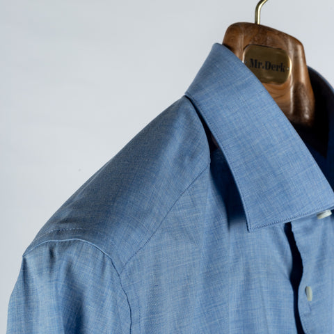 Stenstroms Light Blue Chambray Dress Shirt - Cotton, Chambray, Fitted - Detail View