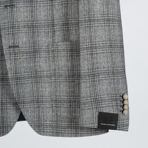 Tagliatore Grey Glen Check Silk Blazer - Wool, Silk, Denim, Made In Italy - Back View