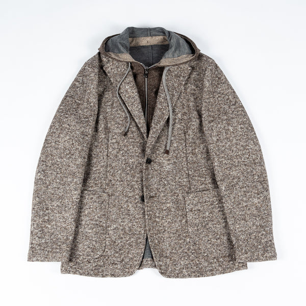 Brown Jersey Flannel Tweed Hooded Blazer