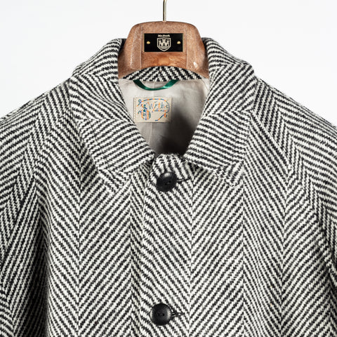 Wythe Black & Cream Herringbone Raglan Wool Overcoat 8