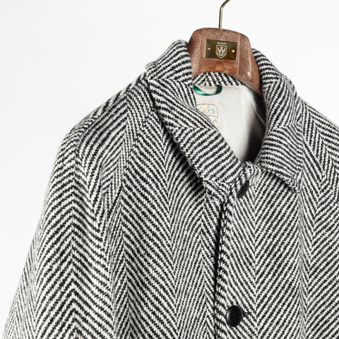 Wythe Black & Cream Herringbone Raglan Wool Overcoat 4