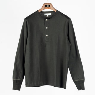 Merz b. Schwanen Forest 2M06 mid-century henley, front view on a hanger