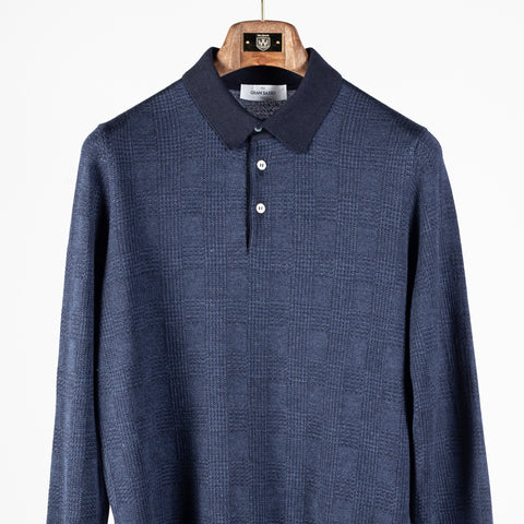 Gran Sasso Navy 57108 Prince of Wales Long Sleeve Knit Polo 6