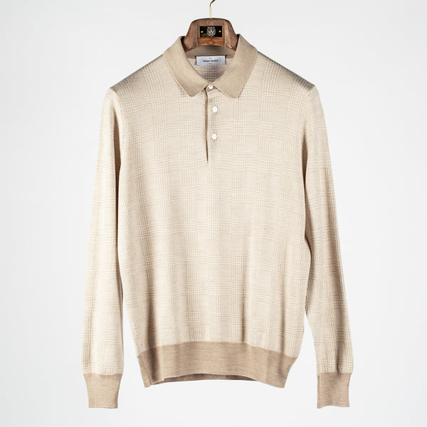 Beige 57108 Prince of Wales Long Sleeve Knit Polo
