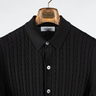 Gran Sasso Black Cable & Ribbed Knit Polo - Cotton, Made In Italy - View 6