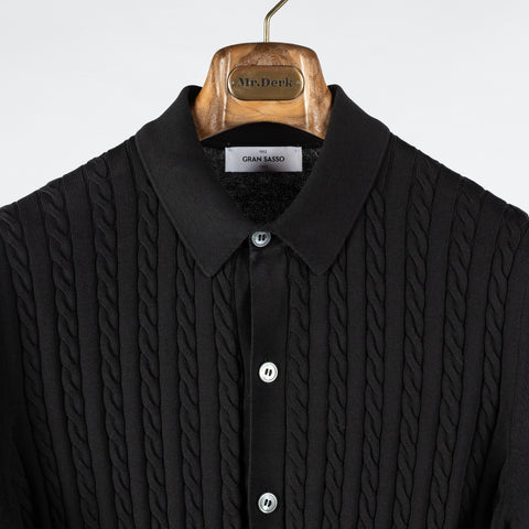 Gran Sasso Black Cable & Ribbed Knit Polo - Cotton, Made In Italy - View 6